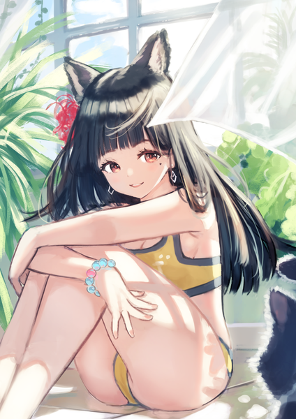Anime picture 992x1403 with original tsukiman single long hair tall image looking at viewer fringe open mouth light erotic black hair smile sitting brown eyes animal ears blunt bangs parted lips hair flower wind mole mole under eye