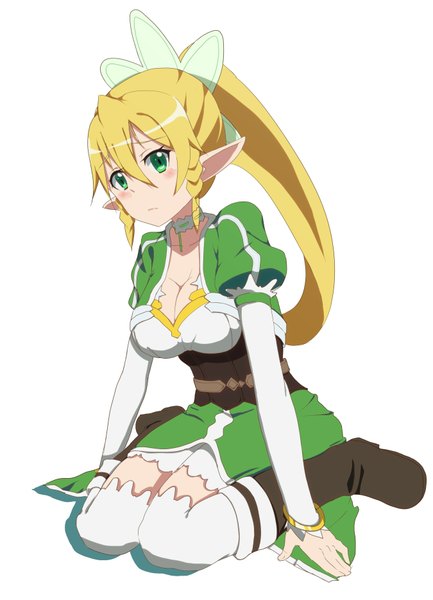 Anime picture 1350x1870 with sword art online a-1 pictures leafa sirogane12 single long hair tall image blush light erotic simple background blonde hair white background green eyes ponytail pointy ears elf girl thighhighs dress white thighhighs
