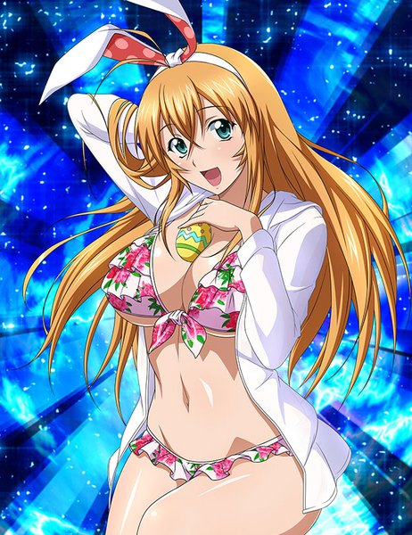 Anime picture 640x830 with ikkitousen sonsaku hakufu single long hair tall image fringe breasts open mouth light erotic blonde hair hair between eyes large breasts animal ears cleavage aqua eyes open jacket bunny ears underboob floral print fake animal ears