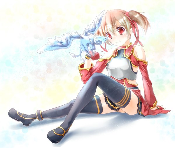 Anime picture 1739x1476 with sword art online a-1 pictures silica pina (sao) highres short hair light erotic red eyes brown hair twintails legs tears short twintails girl thighhighs skirt ribbon (ribbons) black thighhighs hair ribbon detached sleeves