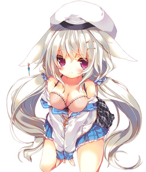 Anime picture 1000x1177 with original p19 single tall image blush fringe breasts light erotic simple background large breasts white background twintails bare shoulders animal ears silver hair bent knee (knees) very long hair pleated skirt pink eyes bare legs
