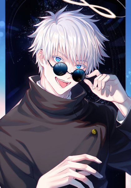 Anime picture 840x1200 with jujutsu kaisen mappa gojou satoru michi (iawei) single tall image looking at viewer short hair open mouth blue eyes upper body white hair outside border pillarboxed adjusting sunglasses boy tongue sunglasses