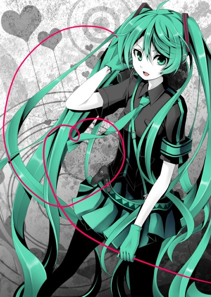 Anime picture 708x1000 with vocaloid koi wa sensou (vocaloid) hatsune miku kisaichi jin single tall image open mouth smile twintails green eyes ahoge very long hair pleated skirt green hair adjusting hair heart of string hand on headphones girl skirt gloves