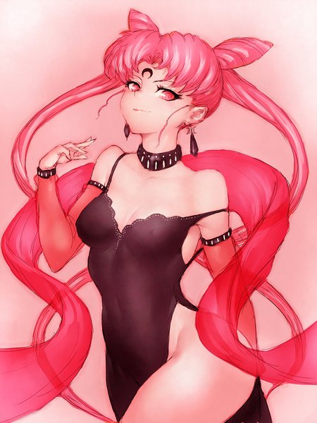 Anime picture 810x1080 with bishoujo senshi sailor moon toei animation chibiusa black lady fumio (rsqkr) single long hair tall image looking at viewer light erotic simple background smile twintails pink hair pink eyes open clothes hair bun (hair buns) no panties turning head covered navel