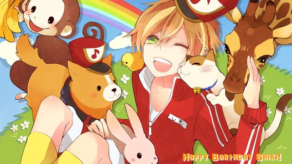 Anime picture 1408x792 with original musou yuchi looking at viewer short hair open mouth blonde hair wide image sitting green eyes sky cloud (clouds) one eye closed wink happy happy birthday animal on shoulder boy flower (flowers) plant (plants) hat