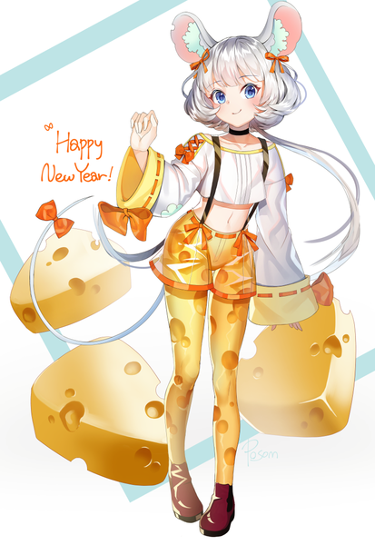 Anime picture 800x1160 with original posom single long hair tall image looking at viewer blush blue eyes smile signed animal ears silver hair full body tail animal tail midriff new year happy new year tail ribbon mouse ears