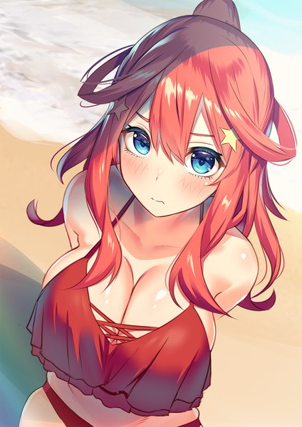 Anime-Bild 1240x1754 mit go-toubun no hanayome nakano itsuki kakaon single long hair tall image looking at viewer blush fringe breasts blue eyes light erotic hair between eyes large breasts standing bare shoulders cleavage outdoors red hair from above