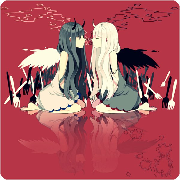 Anime picture 1000x1000 with original uomiya naname (artist) long hair short hair blonde hair sitting purple eyes bare shoulders multiple girls eyes closed profile barefoot horn (horns) reflection face to face dark hair girl dress 2 girls wings