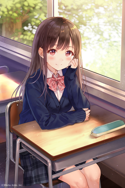 Anime picture 800x1200 with original fukahire (ruinon) single long hair tall image looking at viewer blush fringe smile red eyes brown hair sitting payot indoors pleated skirt sleeves past wrists plaid skirt chin rest classroom girl