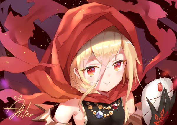 Anime picture 1400x993 with overlord (maruyama) madhouse evileye (overlord) aliter single long hair looking at viewer blush fringe breasts simple background blonde hair hair between eyes red eyes bare shoulders holding signed payot upper body light smile
