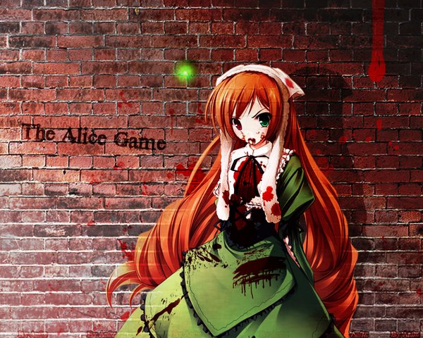 Anime picture 1280x1024 with rozen maiden suiseiseki single long hair looking at viewer fringe red eyes brown hair green eyes heterochromia blood on face bloody clothes girl dress headdress blood