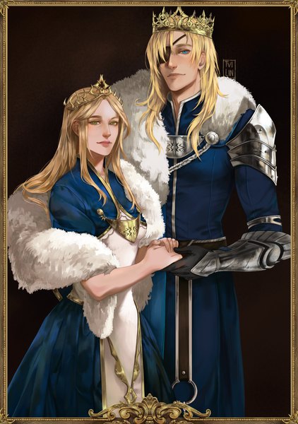 Anime picture 1750x2486 with fire emblem fire emblem: three houses nintendo dimitri alexandre blaiddyd tvilin long hair tall image looking at viewer fringe highres blue eyes blonde hair smile standing green eyes signed holding hands alternate hairstyle framed alternate hair length