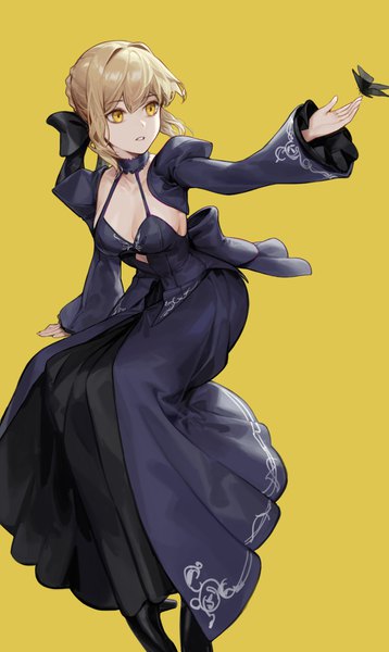 Anime picture 2382x3992 with fate (series) fate/grand order artoria pendragon (all) saber alter cotta (heleif) single tall image fringe highres short hair simple background blonde hair hair between eyes yellow eyes looking away arm support yellow background butterfly on hand girl dress