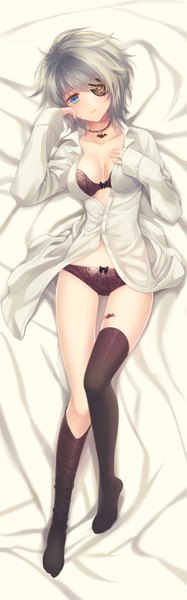 Anime picture 1842x5905 with sword girls iri flina reum single tall image highres short hair blue eyes light erotic silver hair dakimakura (medium) girl thighhighs underwear panties black thighhighs shirt eyepatch