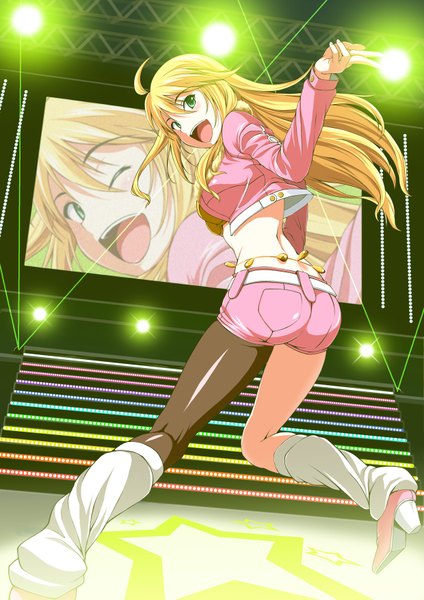 Anime picture 1240x1754 with idolmaster idolmaster (classic) hoshii miki nishi (count2.4) long hair tall image open mouth light erotic blonde hair green eyes ahoge one eye closed looking back wink back light zoom layer pink diamond 765 girl shorts