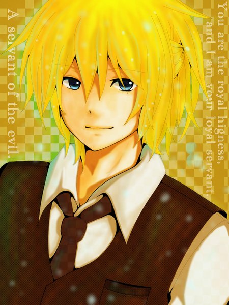Anime picture 2250x3000 with vocaloid kagamine len yumeno23 single tall image looking at viewer highres short hair blue eyes blonde hair ponytail light smile text snowing boy necktie suit