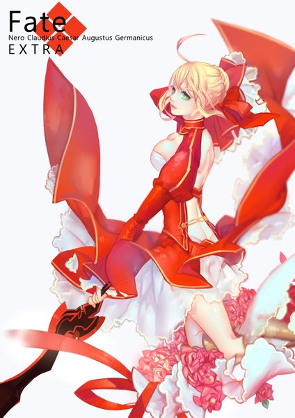 Anime picture 2480x3507 with fate (series) fate/extra type-moon nero claudius (fate) (all) nero claudius (fate) recentia single long hair tall image fringe highres breasts simple background blonde hair smile large breasts standing white background green eyes cleavage