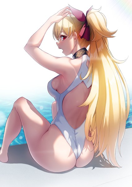 Anime picture 1167x1649 with fate (series) fate/grand order ereshkigal (fate) solar (happymonk) single long hair tall image looking at viewer fringe breasts open mouth light erotic simple background blonde hair red eyes white background sitting bent knee (knees) outdoors ass