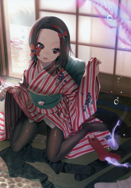 Anime picture 3248x4639 with original ohisashiburi single tall image highres short hair black hair red eyes looking away absurdres full body indoors nail polish traditional clothes parted lips japanese clothes multicolored hair fingernails from above scan