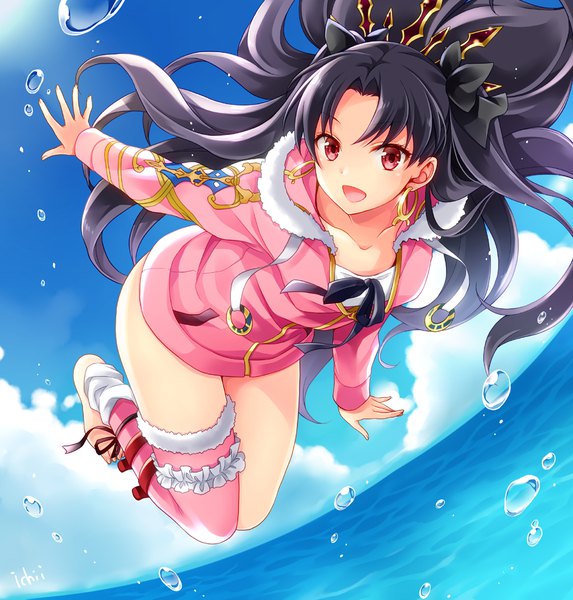 Anime picture 1000x1047 with fate (series) fate/grand order ishtar (fate) ishtar (swimsuit rider) (fate) kubyou azami single long hair tall image looking at viewer blush fringe breasts open mouth black hair smile red eyes signed sky cloud (clouds) outdoors