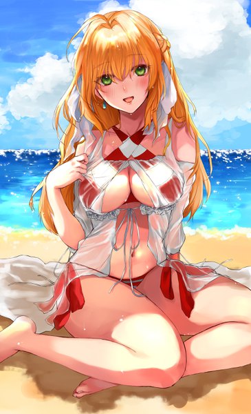 Anime picture 1654x2716 with fate (series) fate/grand order fate/extra nero claudius (fate) (all) nero claudius (swimsuit caster) (fate) nekouta (hnma3785) single long hair tall image looking at viewer blush fringe breasts open mouth light erotic blonde hair hair between eyes sitting green eyes sky