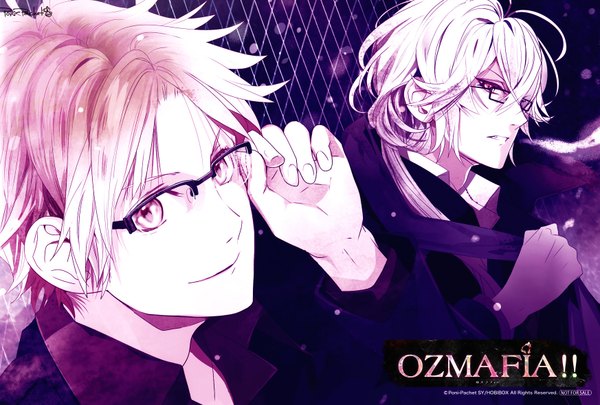 Anime picture 1745x1178 with ozmafia!! caesar (ozmafia!!) caramia satoi (artist) looking at viewer fringe highres short hair blonde hair smile looking away game cg white hair inscription multiple boys boy glasses 2 boys