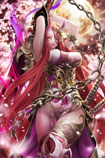 Anime picture 700x1049 with nabe (artist) single tall image looking at viewer light erotic holding yellow eyes nipples bent knee (knees) red hair very long hair parted lips horn (horns) lips oni horns girl hair ornament flower (flowers) weapon petals