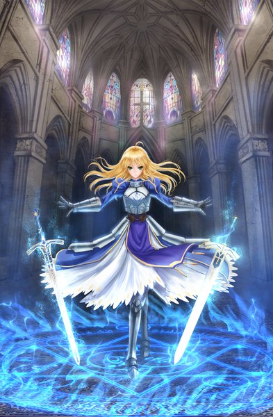 Anime picture 1200x1829 with fate (series) fate/stay night studio deen type-moon artoria pendragon (all) saber infukun single long hair tall image blonde hair green eyes magic girl dress weapon sword armor magic circle