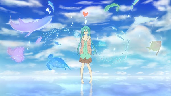 Anime picture 1920x1080 with vocaloid hatsune miku pachi (sugiyama0306) single long hair highres smile wide image twintails sky cloud (clouds) eyes closed barefoot aqua hair reflection hands behind back girl animal sea fish (fishes)