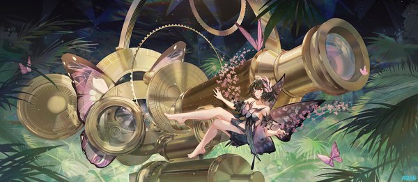 Anime picture 1838x800 with original atdan single looking at viewer fringe highres short hair black hair smile red eyes wide image signed full body bent knee (knees) parted lips barefoot from above nature insect wings butterfly wings