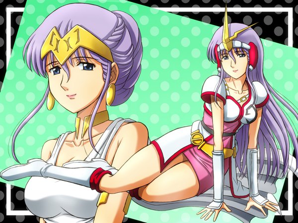 Anime picture 1000x750 with ninja senshi tobikage romina ladorio fujii satoshi long hair looking at viewer fringe breasts blue eyes simple background hair between eyes large breasts standing bare shoulders payot cleavage purple hair full body upper body bent knee (knees) light smile