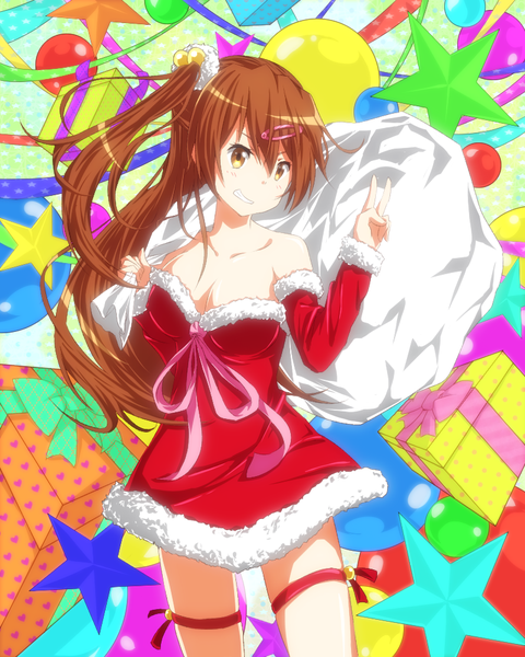 Anime picture 800x1000 with chuunibyou demo koi ga shitai! kyoto animation nibutani shinka xxxx single long hair tall image looking at viewer fringe smile hair between eyes brown hair standing bare shoulders brown eyes ponytail fur trim christmas girl dress