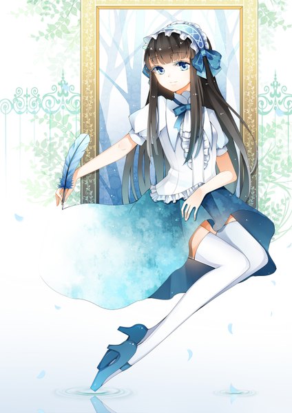 Anime picture 2480x3507 with original stari single long hair tall image highres blue eyes black hair girl thighhighs dress bow hair bow white thighhighs frills headdress feather (feathers)