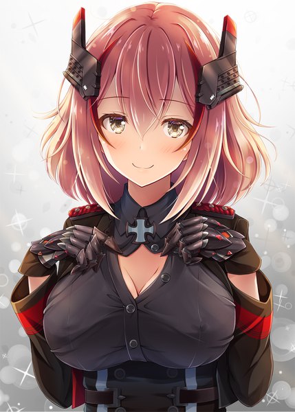 Anime picture 1050x1469 with azur lane roon (azur lane) akashio (loli ace) single tall image looking at viewer blush fringe short hair breasts light erotic simple background smile hair between eyes brown hair large breasts yellow eyes payot upper body multicolored hair