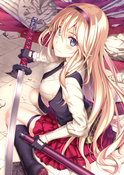 Anime picture 636x900 with original yukikaze (siiver92zero) single long hair tall image looking at viewer blush breasts blue eyes blonde hair smile sitting holding looking back wariza looking up floor broken girl skirt