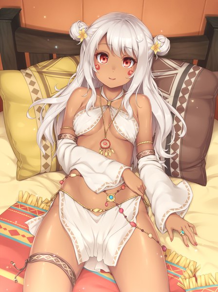 Anime picture 950x1270 with original sasaame single long hair tall image breasts light erotic red eyes white hair lying traditional clothes hair flower hair bun (hair buns) underboob dark skin facial mark girl flower (flowers) detached sleeves pillow