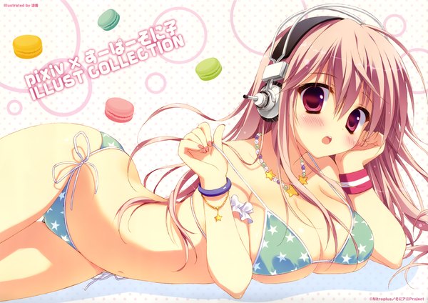 Anime picture 4845x3431 with nitroplus super sonico ryohka single long hair looking at viewer blush highres breasts open mouth light erotic red eyes pink hair absurdres lying scan bare belly on side star print girl