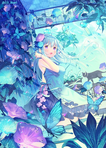 Anime picture 1073x1500 with original ikari (aor3507) single long hair tall image looking at viewer blush open mouth purple eyes signed blue hair ahoge :d hair flower wind sleeveless twitter username summer girl flower (flowers)