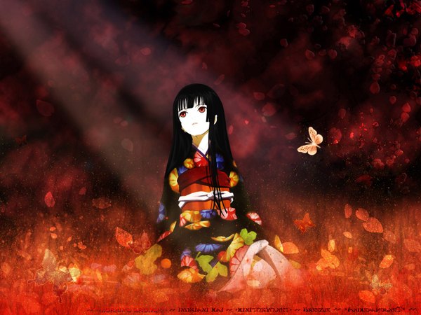 Anime picture 1600x1200 with hell girl studio deen enma ai long hair black hair red eyes red background insect butterfly