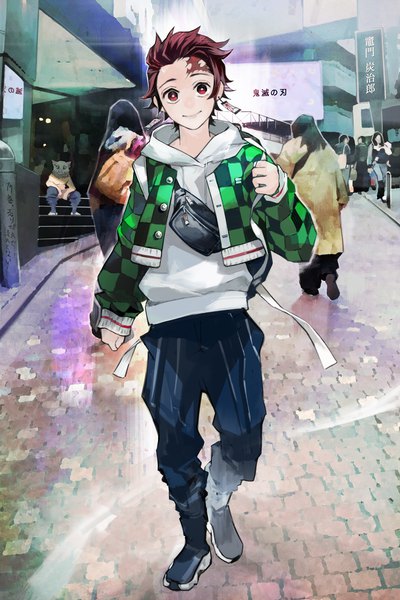 Anime picture 2250x3377 with kimetsu no yaiba ufotable kamado tanjirou hashibira inosuke kyuuba melo tall image looking at viewer highres short hair smile red eyes standing red hair open jacket multiple boys alternate costume copyright name character names solo focus scar