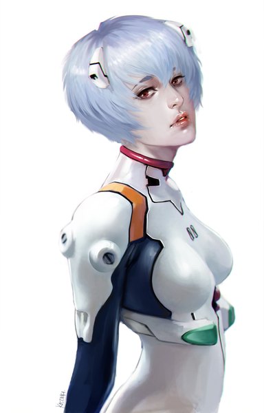 Anime picture 640x1000 with neon genesis evangelion gainax ayanami rei kazeki single tall image looking at viewer fringe short hair breasts simple background hair between eyes standing white background brown eyes signed blue hair upper body parted lips head tilt
