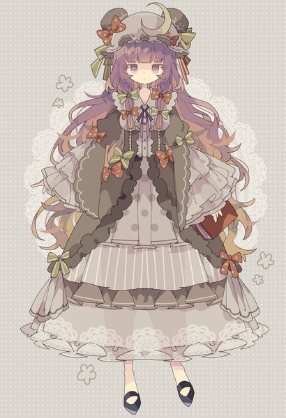 Anime picture 1504x2200 with touhou patchouli knowledge nikorashi-ka single long hair tall image looking at viewer fringe standing purple eyes purple hair full body blunt bangs expressionless tress ribbon girl dress bow hair bow hat