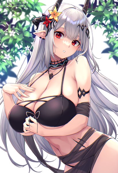 Anime picture 1400x2050 with arknights mudrock (arknights) mudrock (silent night) (arknights) nameko houshi single long hair tall image looking at viewer blush fringe breasts light erotic hair between eyes red eyes white background silver hair blunt bangs parted lips head tilt hair flower