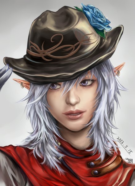 Anime picture 1240x1700 with dungeon and fighter lancer0519 single long hair tall image fringe simple background signed looking away silver hair lips pointy ears grey background elf silver eyes girl flower (flowers) hat earrings rose (roses)