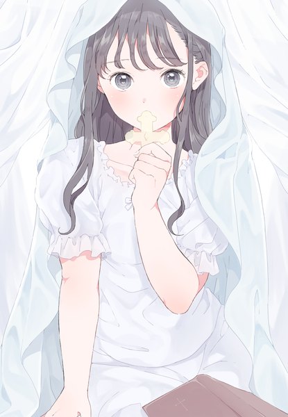 Anime picture 1124x1623 with original shizuko (chipccchip) single long hair tall image looking at viewer blush fringe black hair holding short sleeves symbol-shaped pupils covered mouth kiss nun girl dress heart white dress book (books)