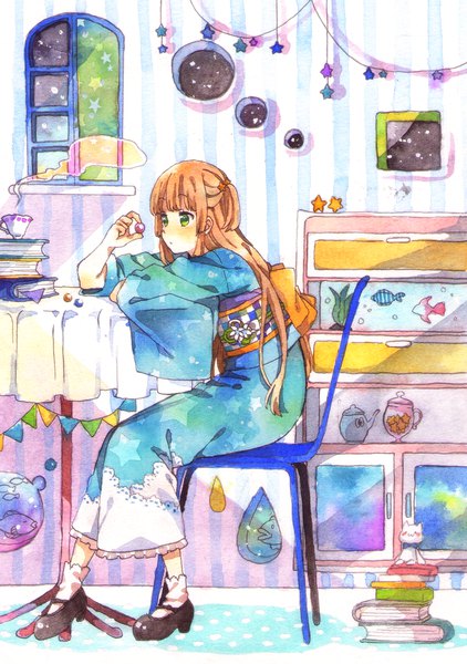 Anime picture 703x999 with original kotori (gokigen iori) single long hair tall image blush fringe sitting holding green eyes payot looking away full body blunt bangs traditional clothes japanese clothes orange hair wide sleeves one side up gradient hair