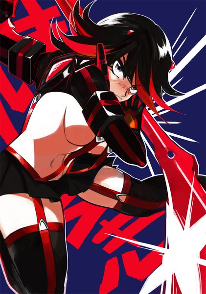 Anime picture 701x1000 with kill la kill studio trigger matoi ryuuko fon-due (fonfon) single tall image looking at viewer blush short hair breasts blue eyes light erotic black hair red eyes multicolored hair two-tone hair colored inner hair girl thighhighs skirt