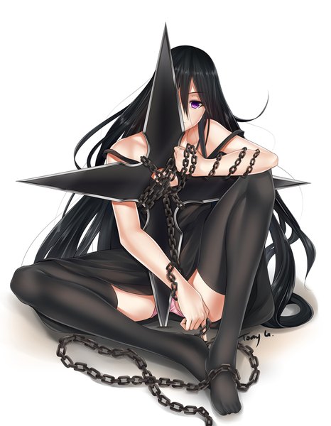 Anime picture 875x1125 with original tony guisado single tall image looking at viewer light erotic black hair white background purple eyes very long hair pantyshot girl thighhighs underwear panties black thighhighs chain