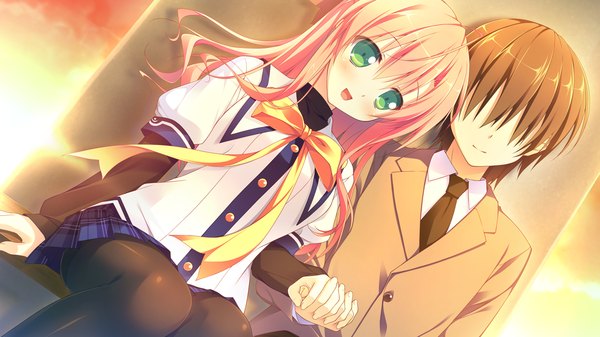 Anime picture 1280x720 with clover day's rindo tsubame long hair blush short hair brown hair wide image sitting green eyes pink hair game cg couple holding hands girl boy uniform school uniform bowtie