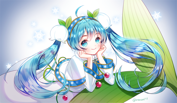 Anime picture 1000x583 with vocaloid hatsune miku yuki miku yuki miku (2015) rarumi single looking at viewer blush blue eyes smile wide image twintails blue hair very long hair girl